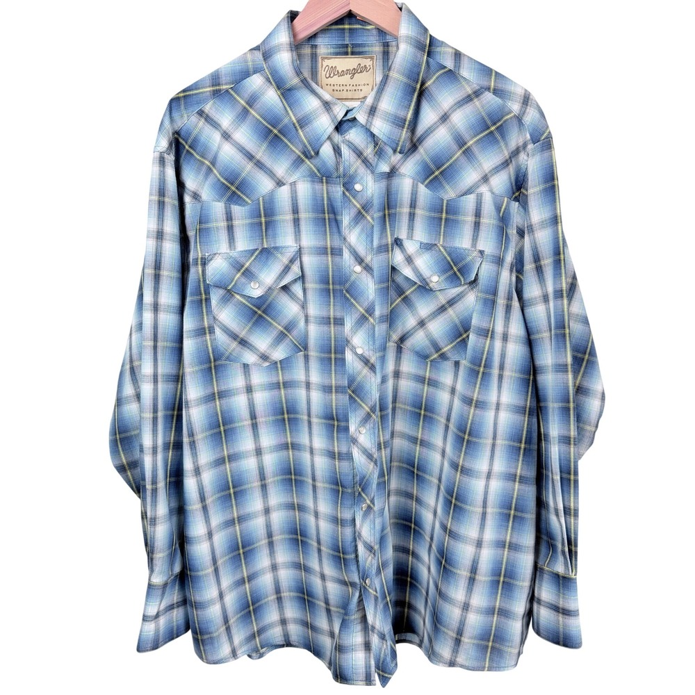 Wrangler Western Shirt Mens 2XL Blue Plaid Pearl Snap Cowboy Rodeo Long Sleeve